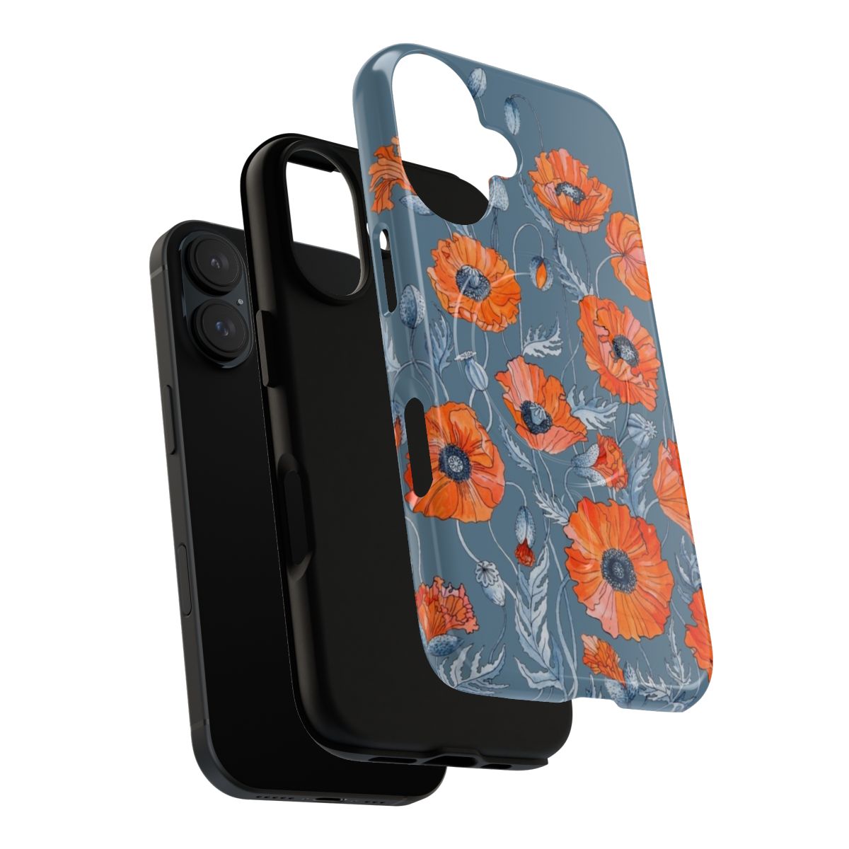 Artistic phone case featuring a botanical floral design with vibrant red and orange poppy flowers. - Layers