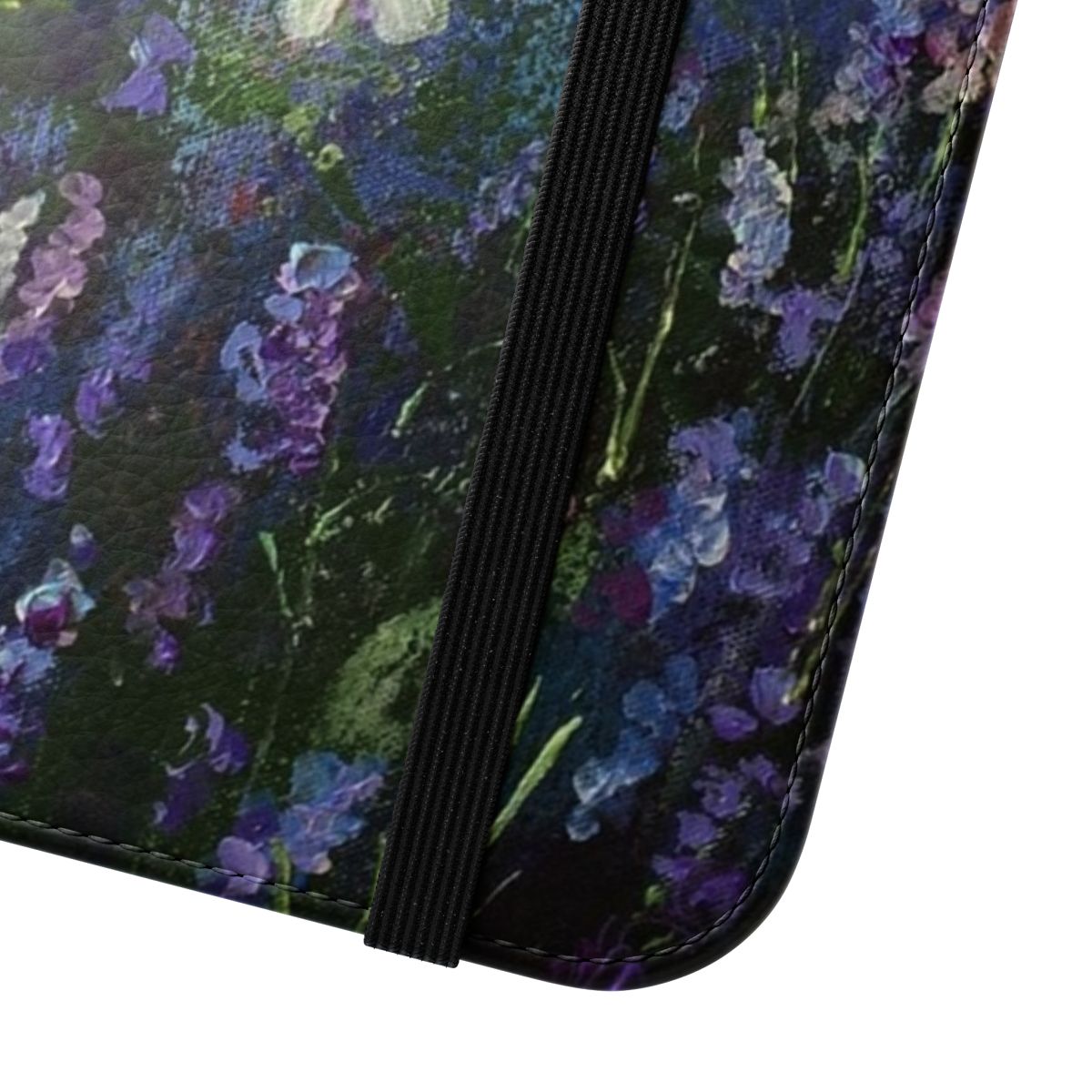 A phone case featuring a lavender and butterfly design in an impressionist style. - Close Up