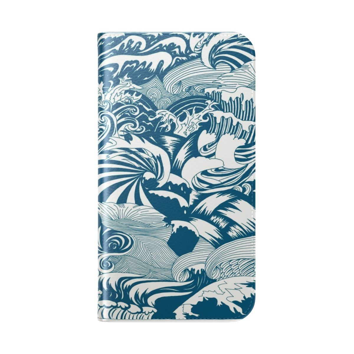 A blue and turquoise phone case with a dynamic wave pattern, evoking the beauty of the ocean. - Folded Back