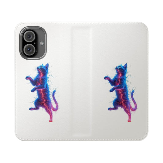 Neon electric cat phone case with a dreamlike, futuristic design