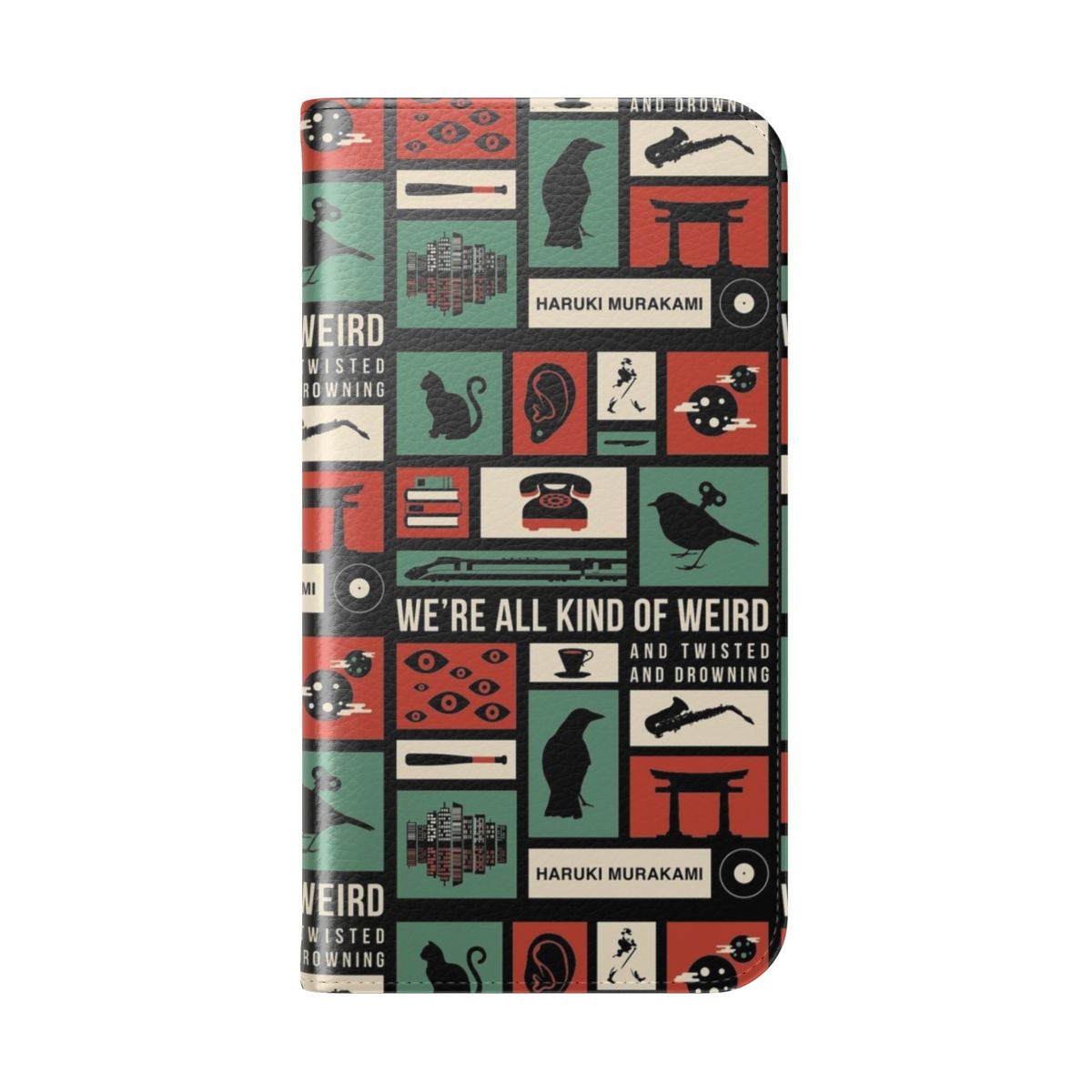 A sleek and stylish flip cover phone case featuring the iconic motifs and themes from the works of renowned Japanese author Haruki Murakami. - Folded Back