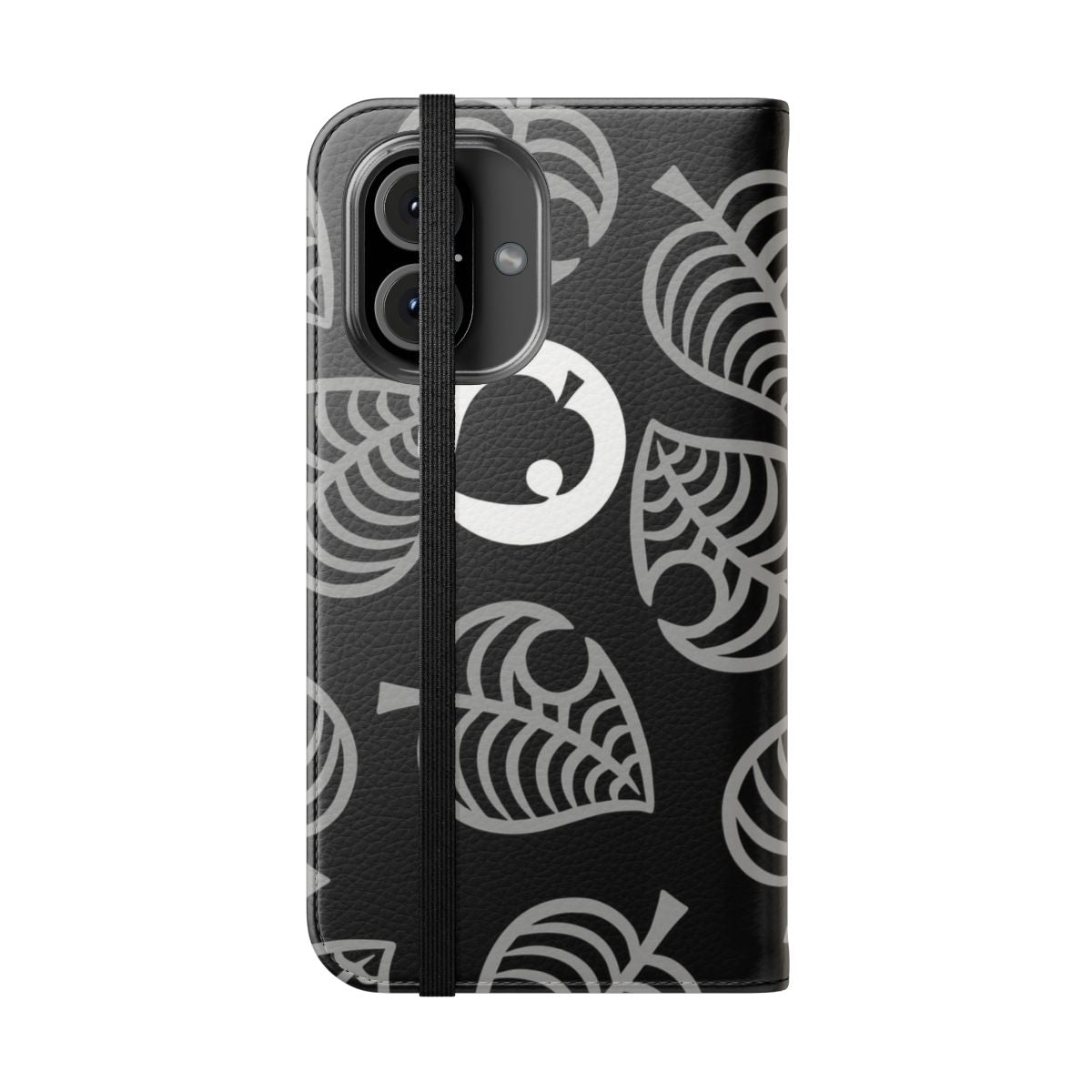 Black flip cover phone case with Animal Crossing Nook design - Folded Front