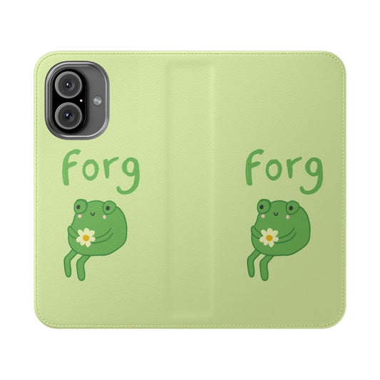 A flip cover phone case featuring a cute cottagecore-inspired frog birthday cake with a sad anime toad sitting among flowers.