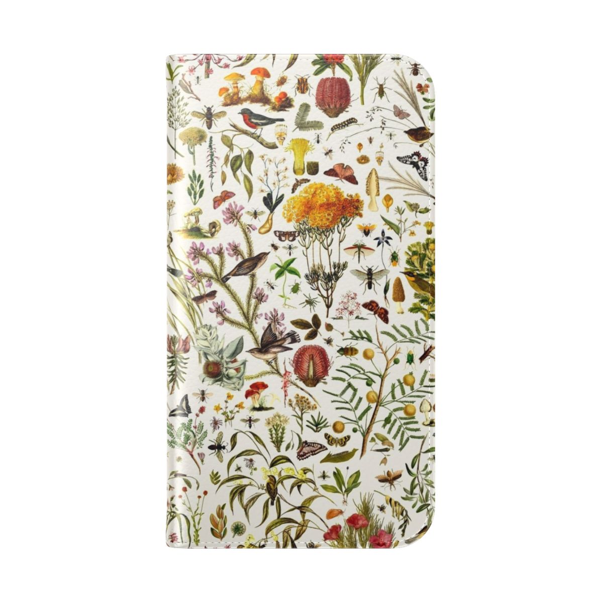 Flip cover phone case with a detailed, repeating pattern featuring native Australian flora and fauna like butterflies, birds, and plants. - Folded Back