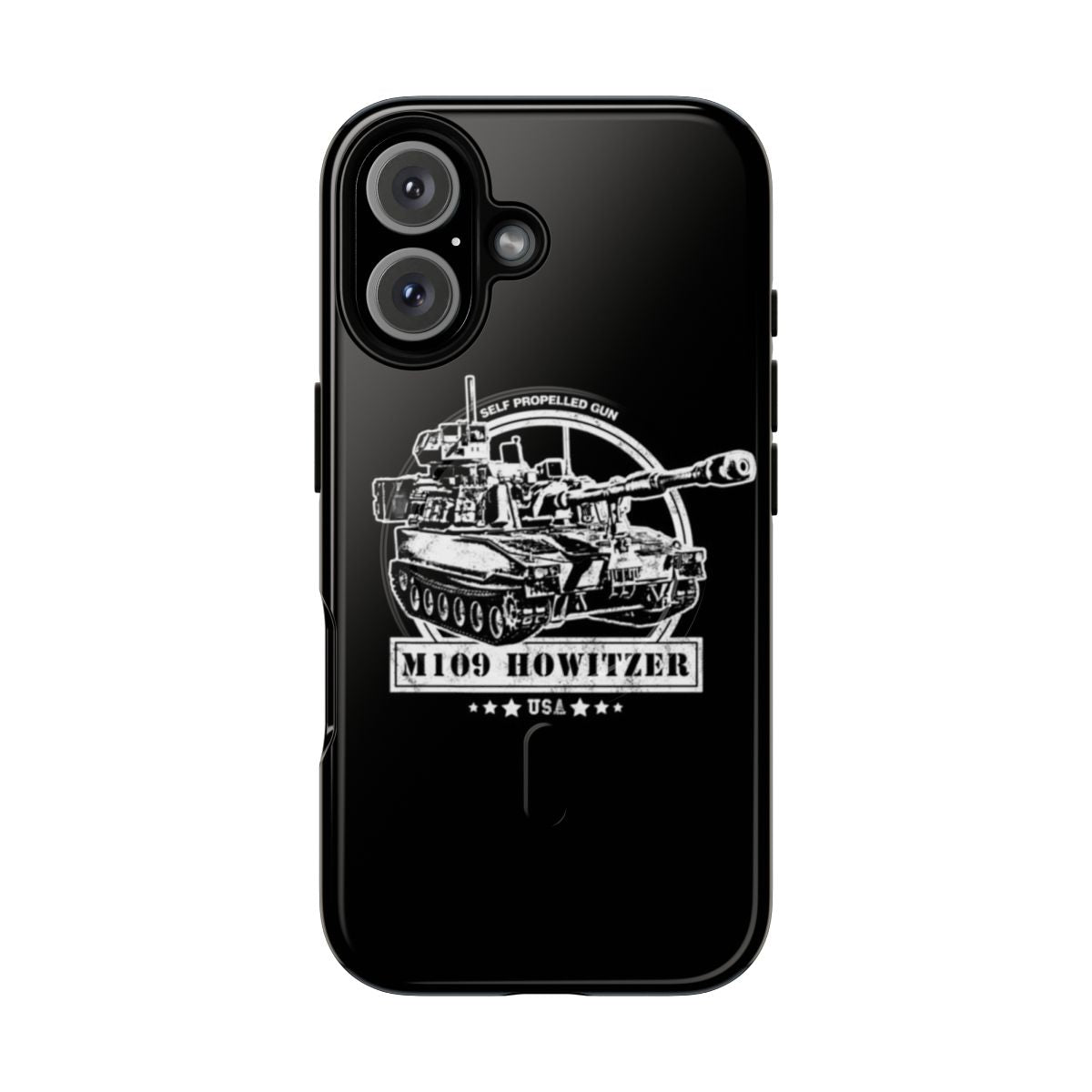 Durable mobile phone case featuring the silhouette of the M109 self-propelled howitzer, a renowned US Army artillery vehicle.