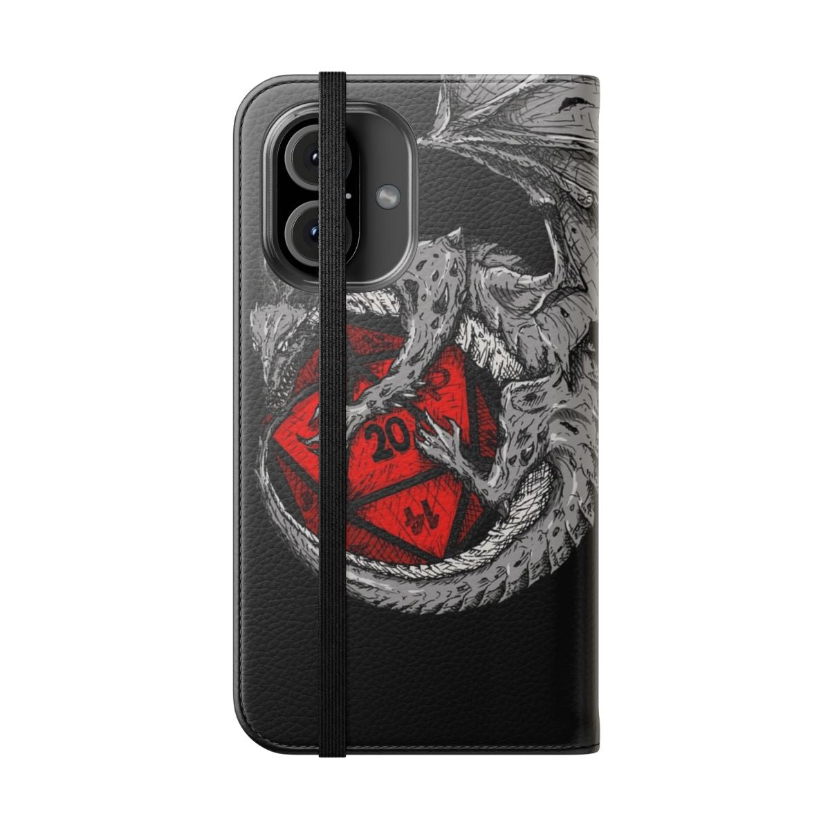 Silver and red flip cover phone case featuring a mythical dragon design, ideal for fans of Dungeons and Dragons and other tabletop role-playing games. - Folded Front