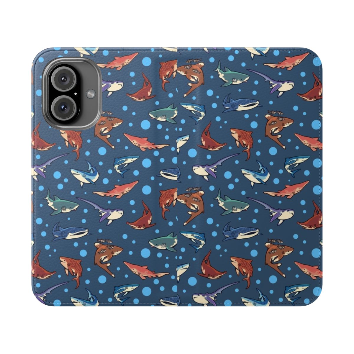 Sharks in the Deep Blue Phone Case, featuring various shark species swimming in a dark blue ocean pattern.