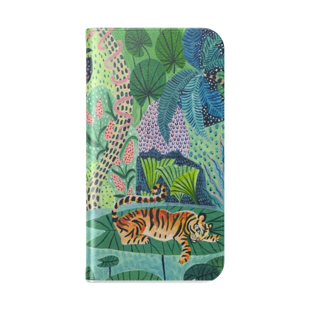 Colorful flip cover phone case with a detailed jungle tiger design - Folded Back