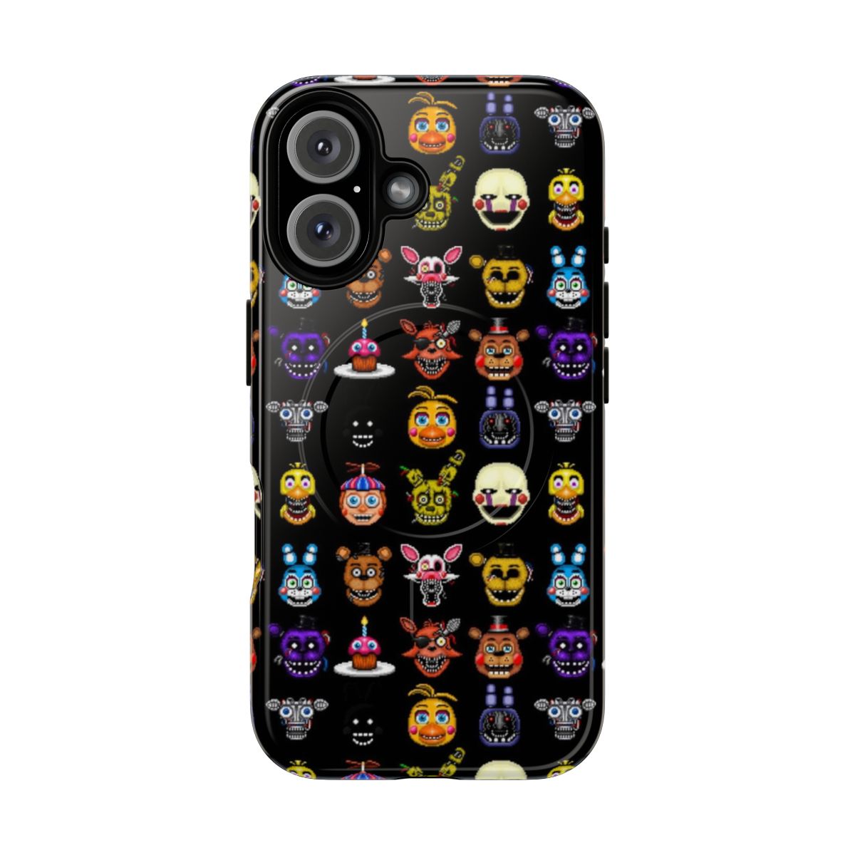 Five Nights at Freddy's-inspired pixel art phone case featuring multiple characters