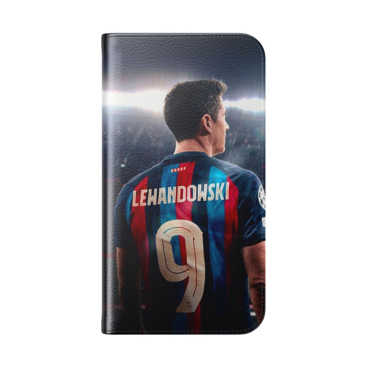 Flip cover phone case featuring the image of Polish footballer Robert Lewandowski in an FC Barcelona jersey - Folded Back