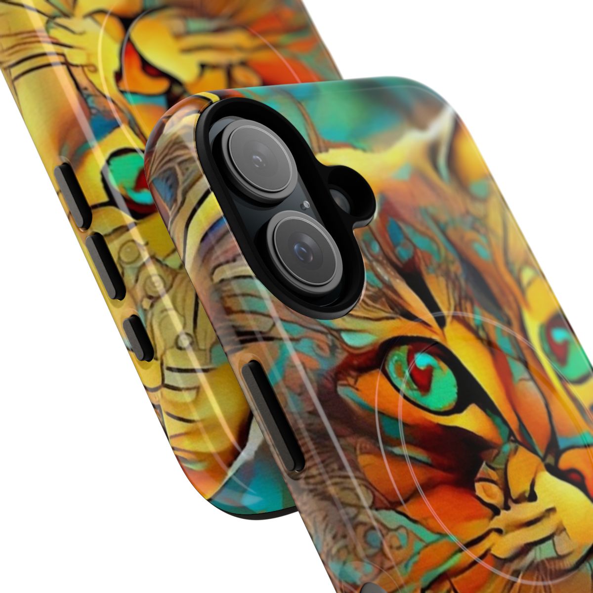 Magnetic tough phone case featuring vibrant cat and chat artwork inspired by Lea Roche's paintings - Detail