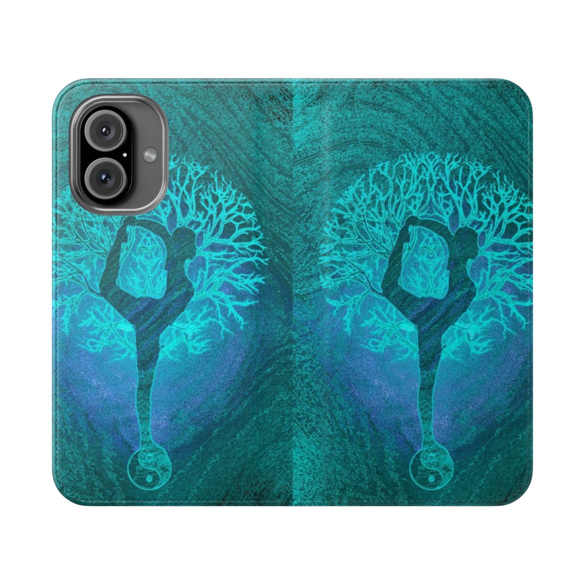 Tree of life yoga phone case in teal and aqua colors, featuring a balance and harmony design.