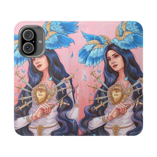 A beautiful flip cover phone case with an angelic, feminine design featuring wings, gold accents, and a heart motif.