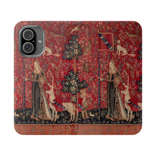 Vintage-style phone case featuring a medieval tapestry design with a lady and unicorn amid a lush, floral millefleur landscape.