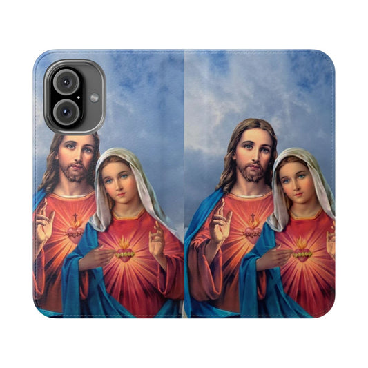 Flip cover phone case featuring a design with the Immaculate Heart of the Virgin Mary against a sky background.