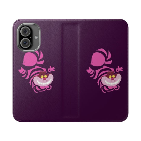 Flip phone case with an illustration of the Cheshire Cat from Alice in Wonderland