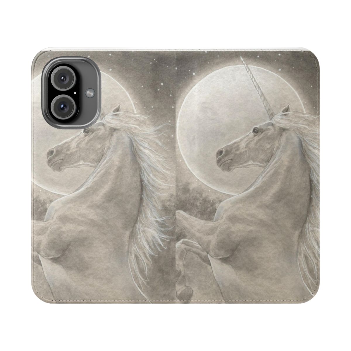 A whimsical flip phone case featuring a unicorn silhouette against a crescent moon.