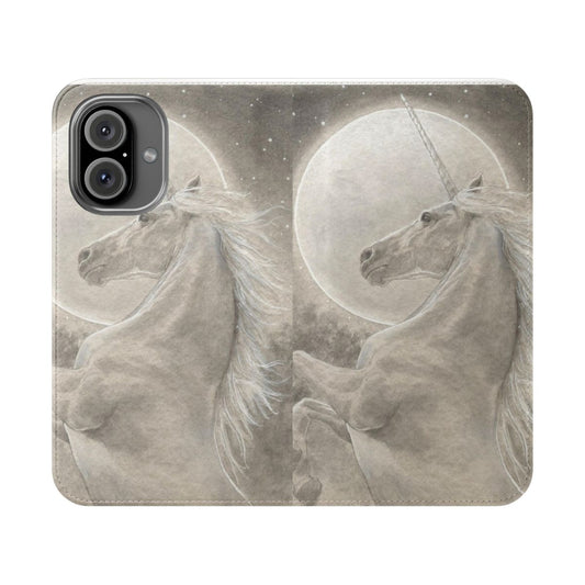 A whimsical flip phone case featuring a unicorn silhouette against a crescent moon.