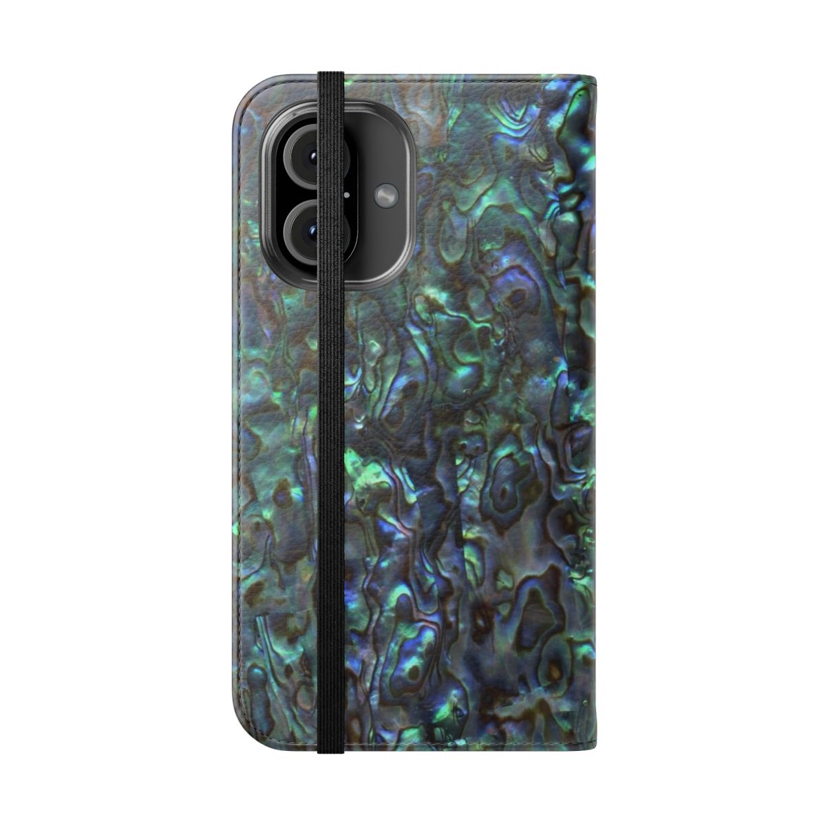 Flip cover phone case with natural paua shell and seashell patterns - Folded Front