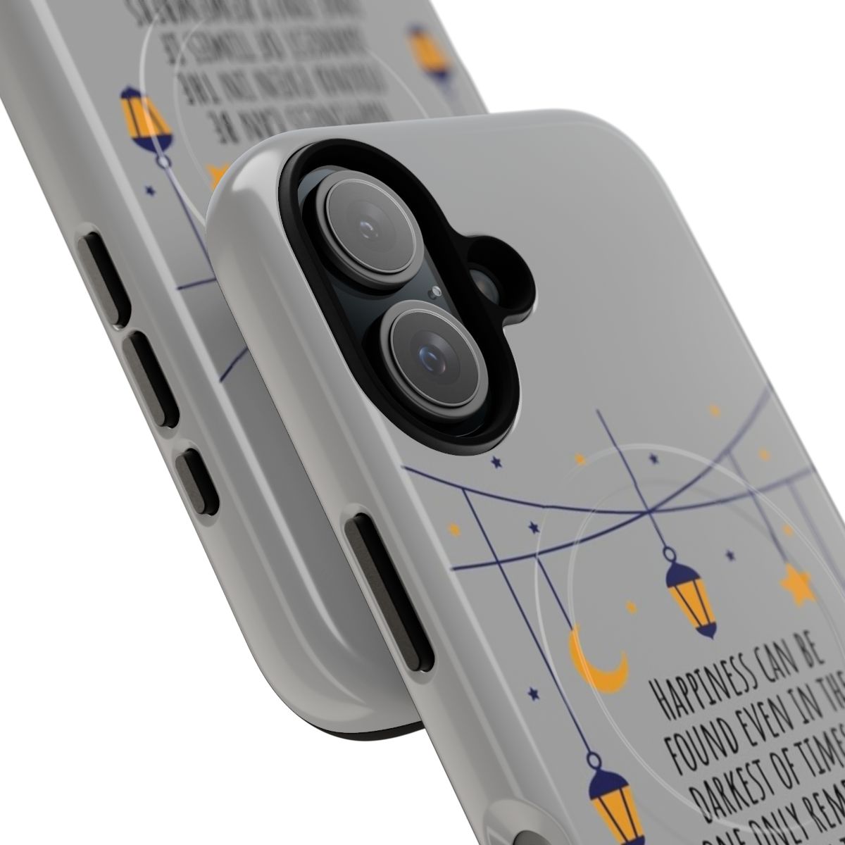 Inspirational phone case with a quote about finding happiness in the darkness - Detail