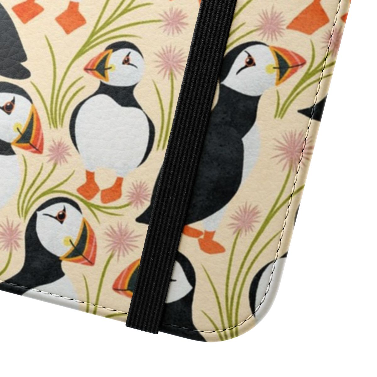 Vibrant floral phone case featuring puffins, coastal scenery, and nature imagery - Close Up