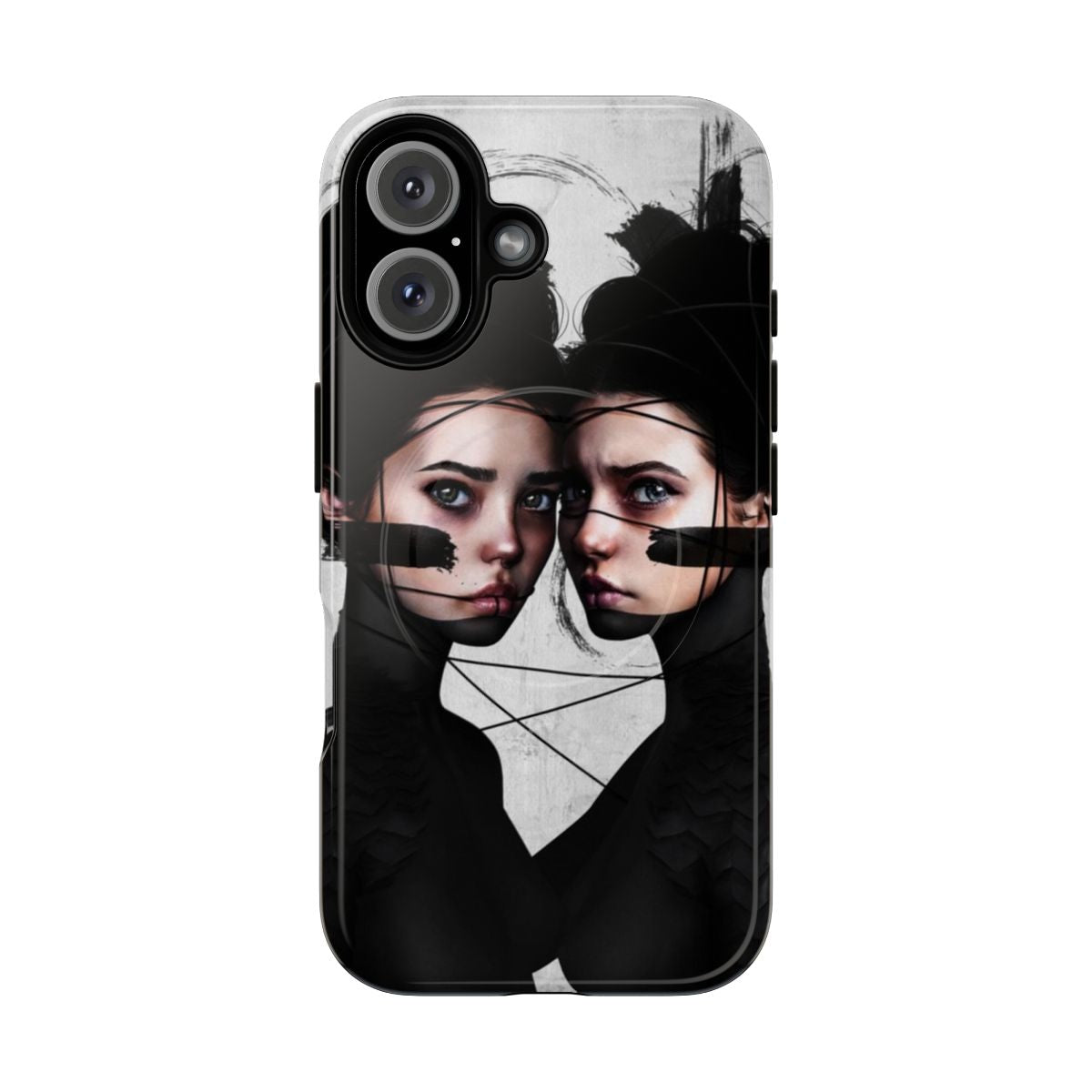 Gemini-themed phone case featuring a pop surrealist portrait design