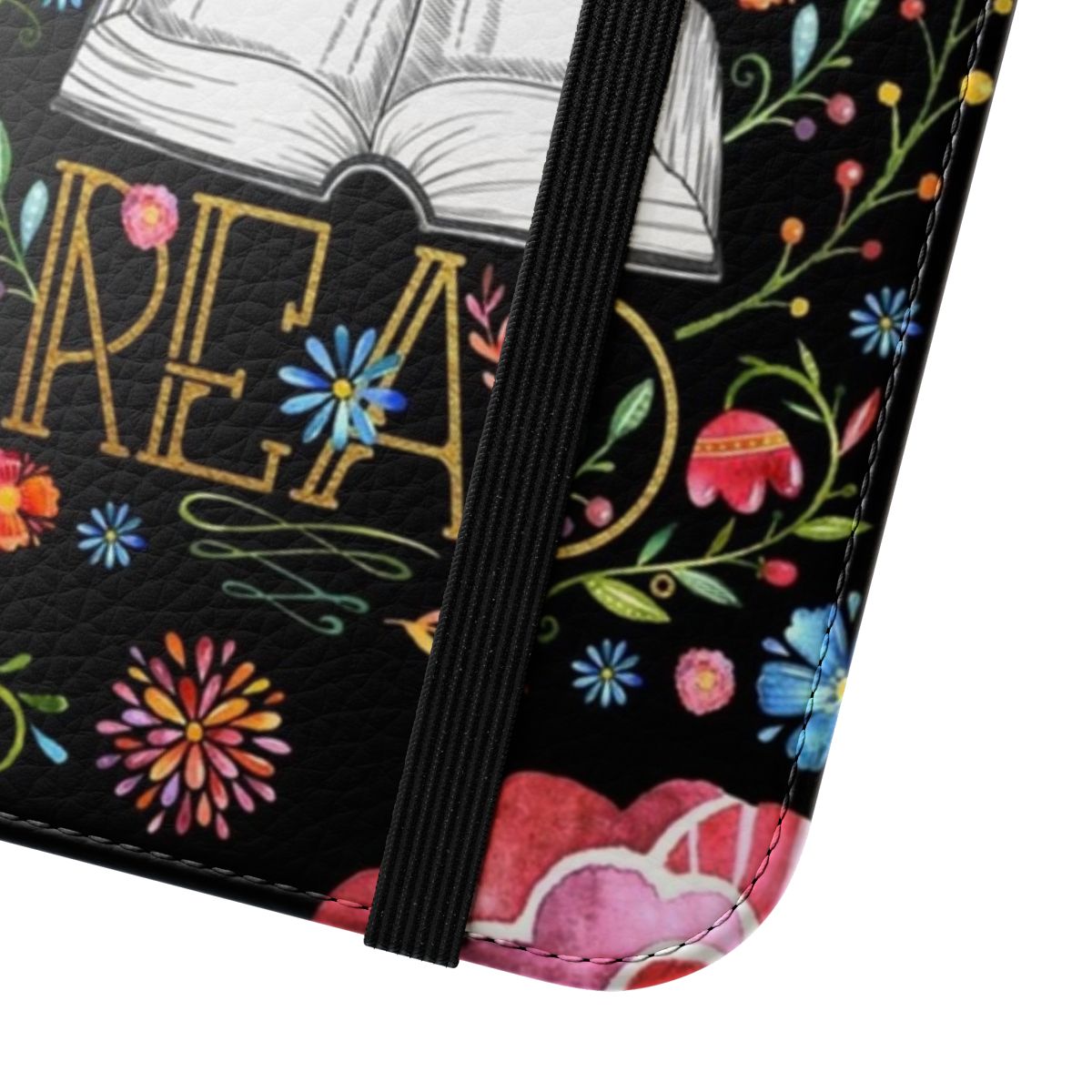 A stylish black floral flip cover phone case perfect for book lovers and reading enthusiasts. - Close Up