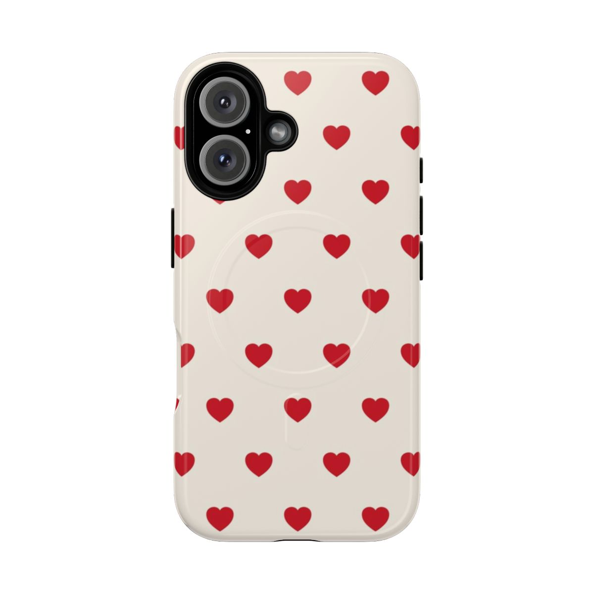 Magnetic tough phone case with a minimalist red hearts pattern design