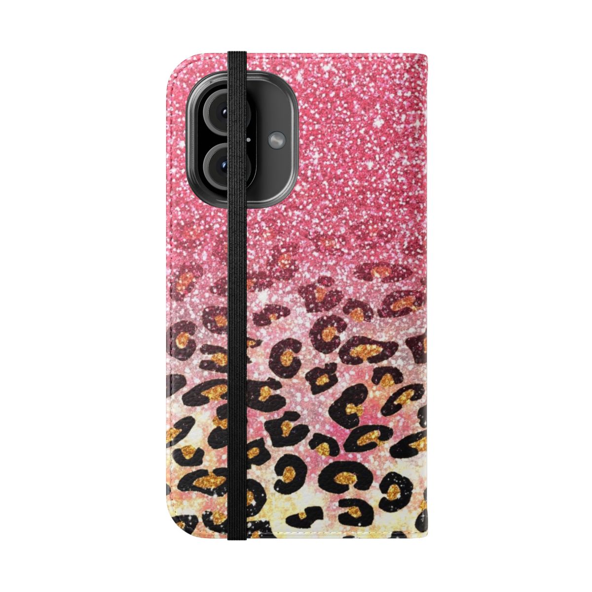 Pink glitter leopard print phone case - Folded Front