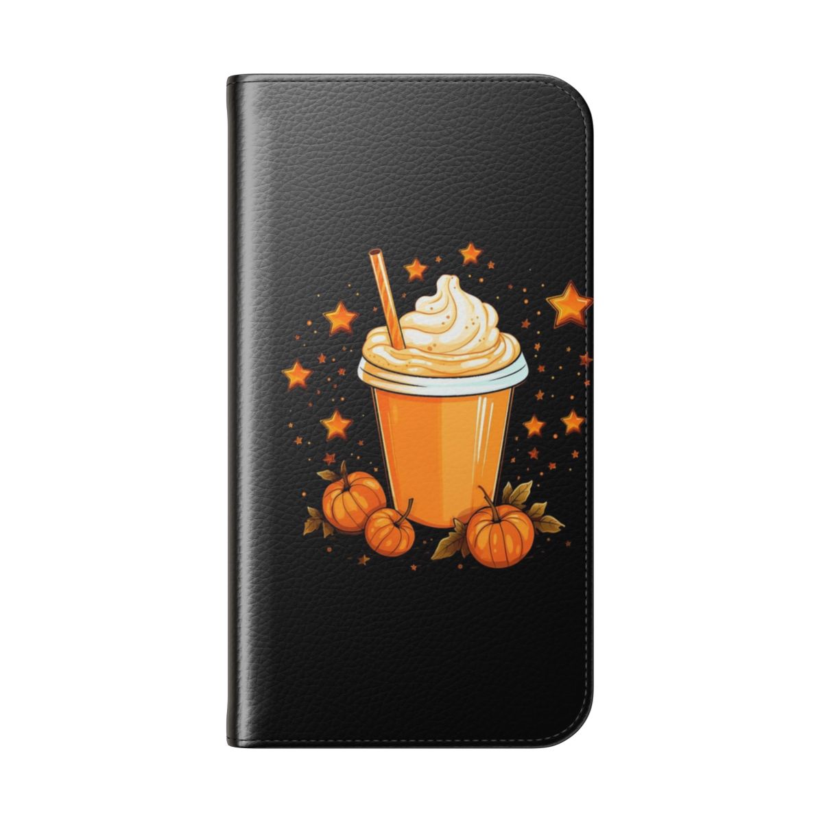 Pumpkin spice-themed flip cover phone case with pumpkin, cinnamon, and fall elements - Folded Back