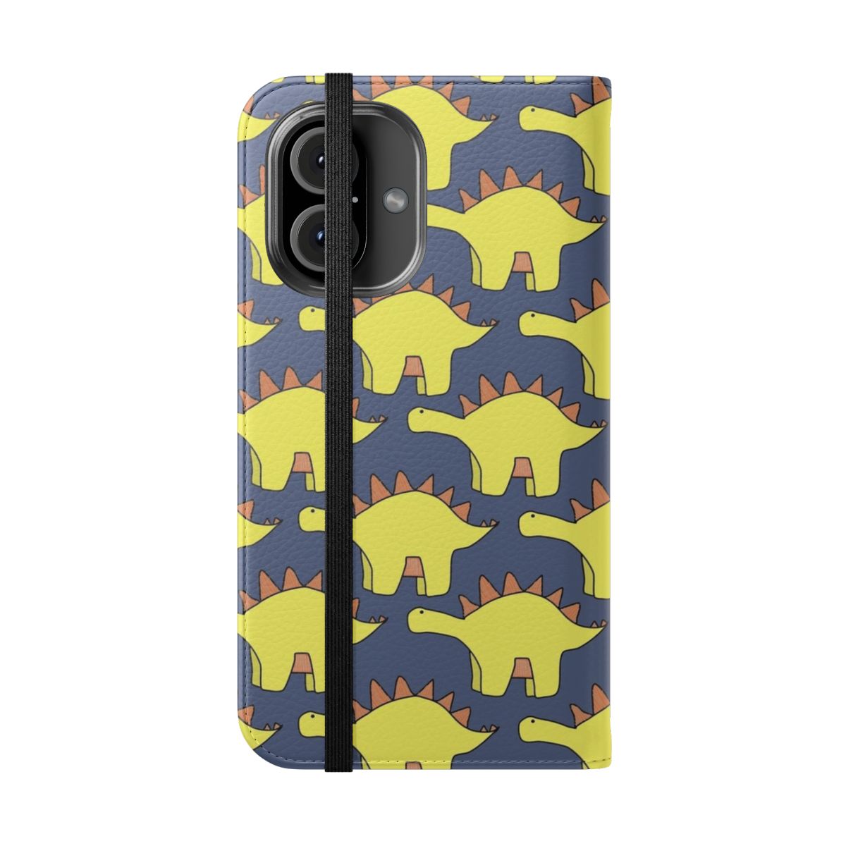 Closeup of a vibrant dinosaur pattern flip cover phone case - Folded Front