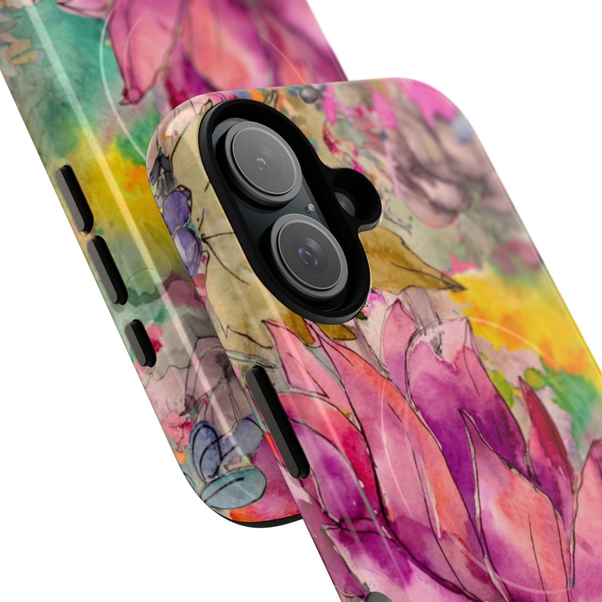 Colorful watercolor floral garden design on a protective phone case - Detail