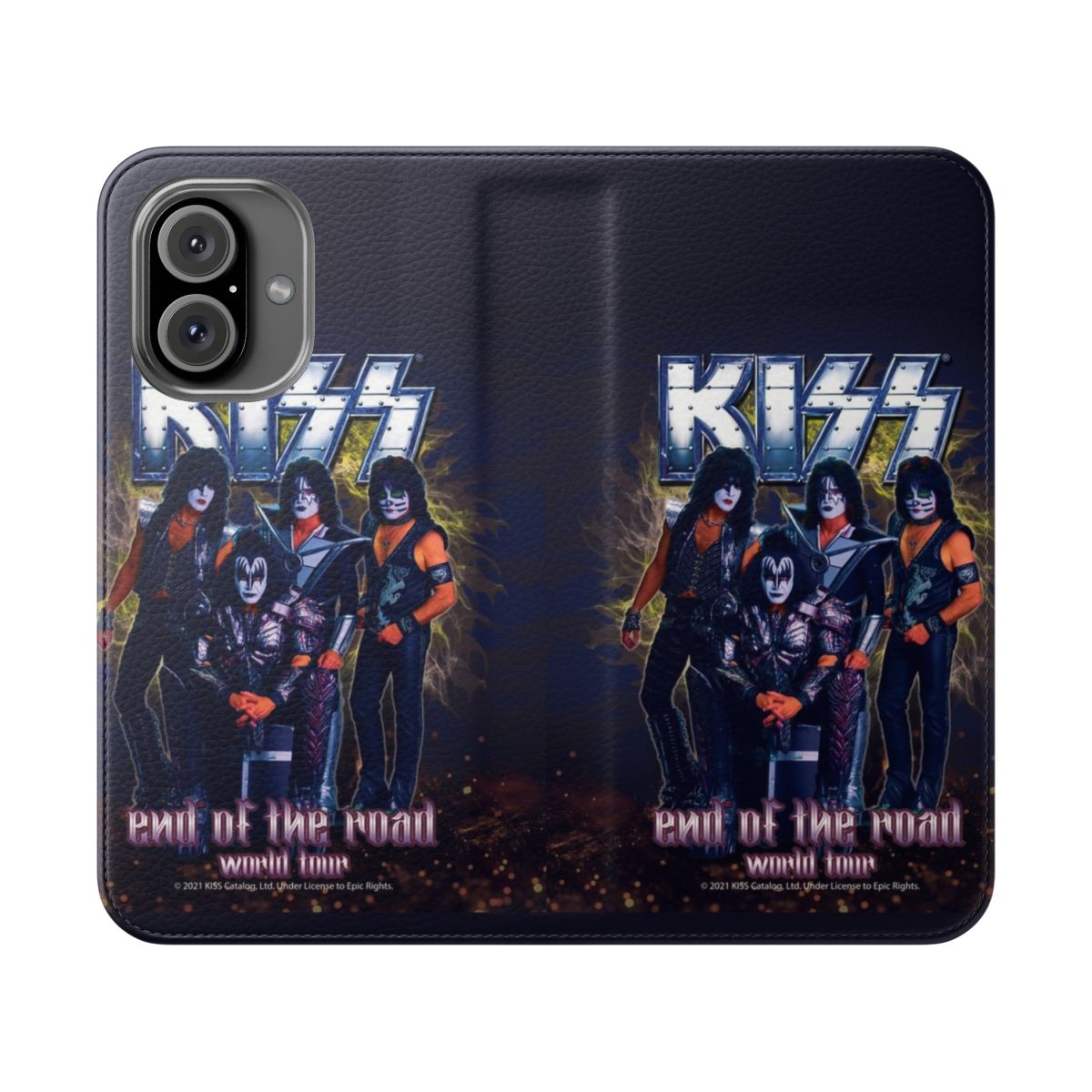 Flip phone case featuring KISS band-inspired artwork and graphics