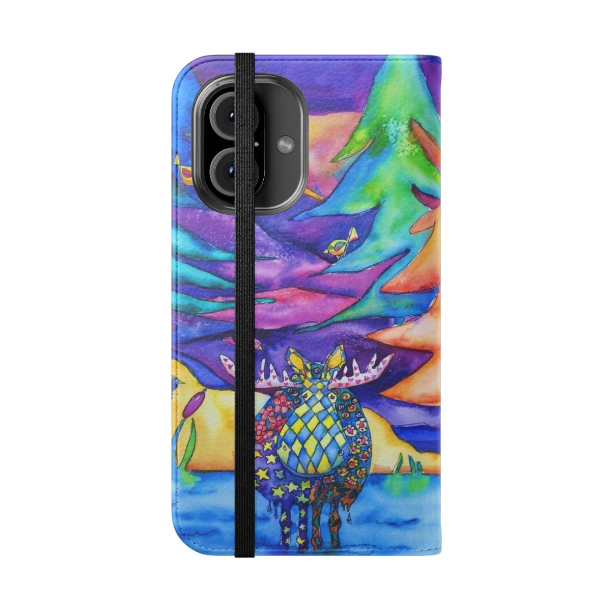 Colorful flip cover phone case with a vibrant moose design - Folded Front