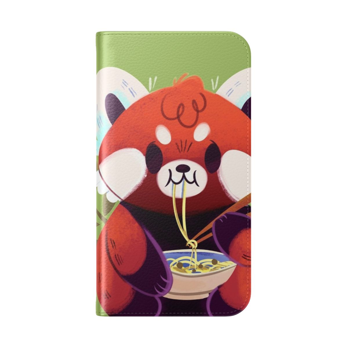 A whimsical digital illustration of a red panda enjoying a bowl of ramen noodles, featured on a phone case. - Folded Back