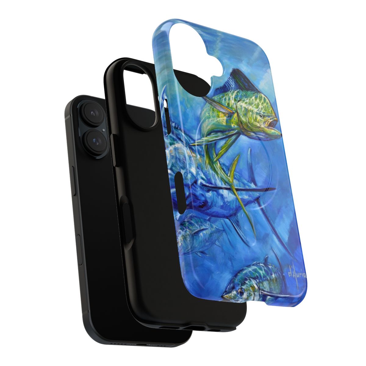 Durable magnetic phone case with artwork of dorado, marlin, and tuna fish swimming underwater - Layers