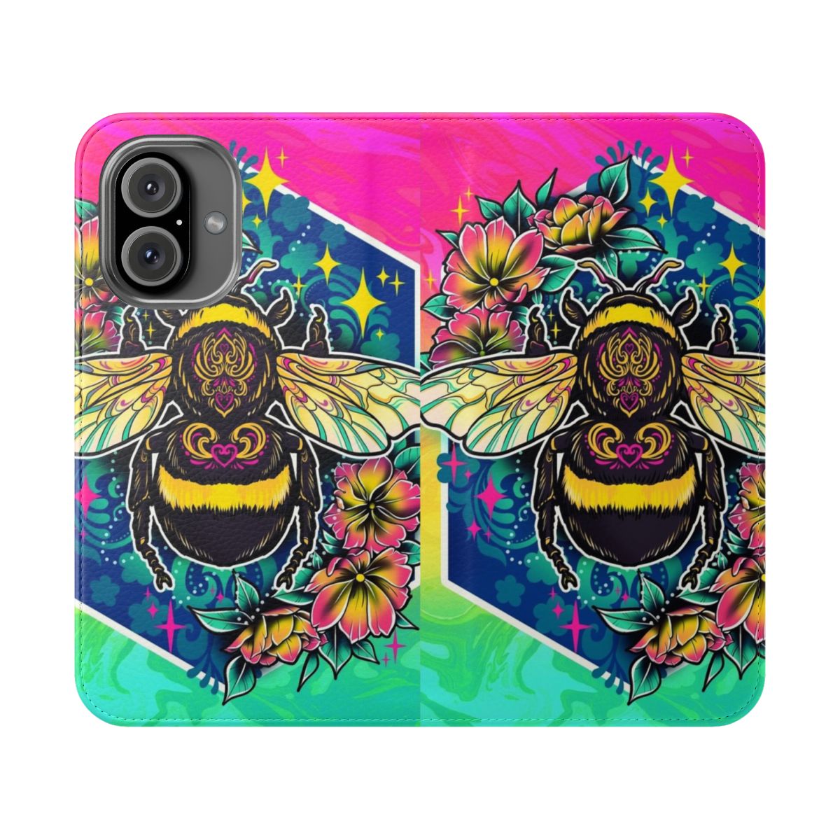 Colorful phone case cover featuring a digital illustration of a cute bumblebee in neon rainbow colors