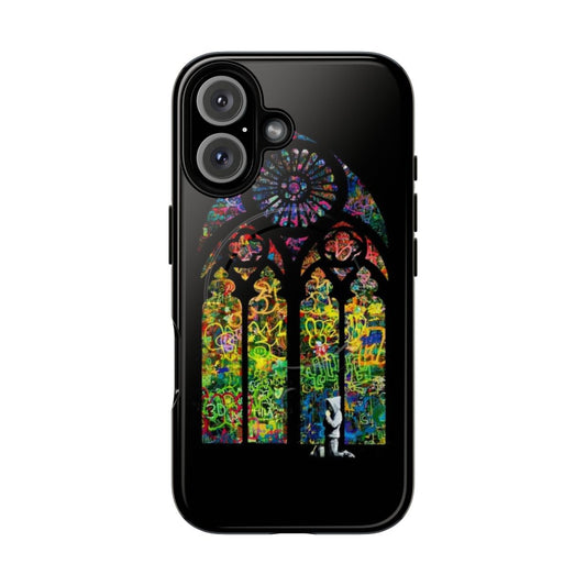 Colorful Banksy-inspired church window design on a durable magnetic phone case