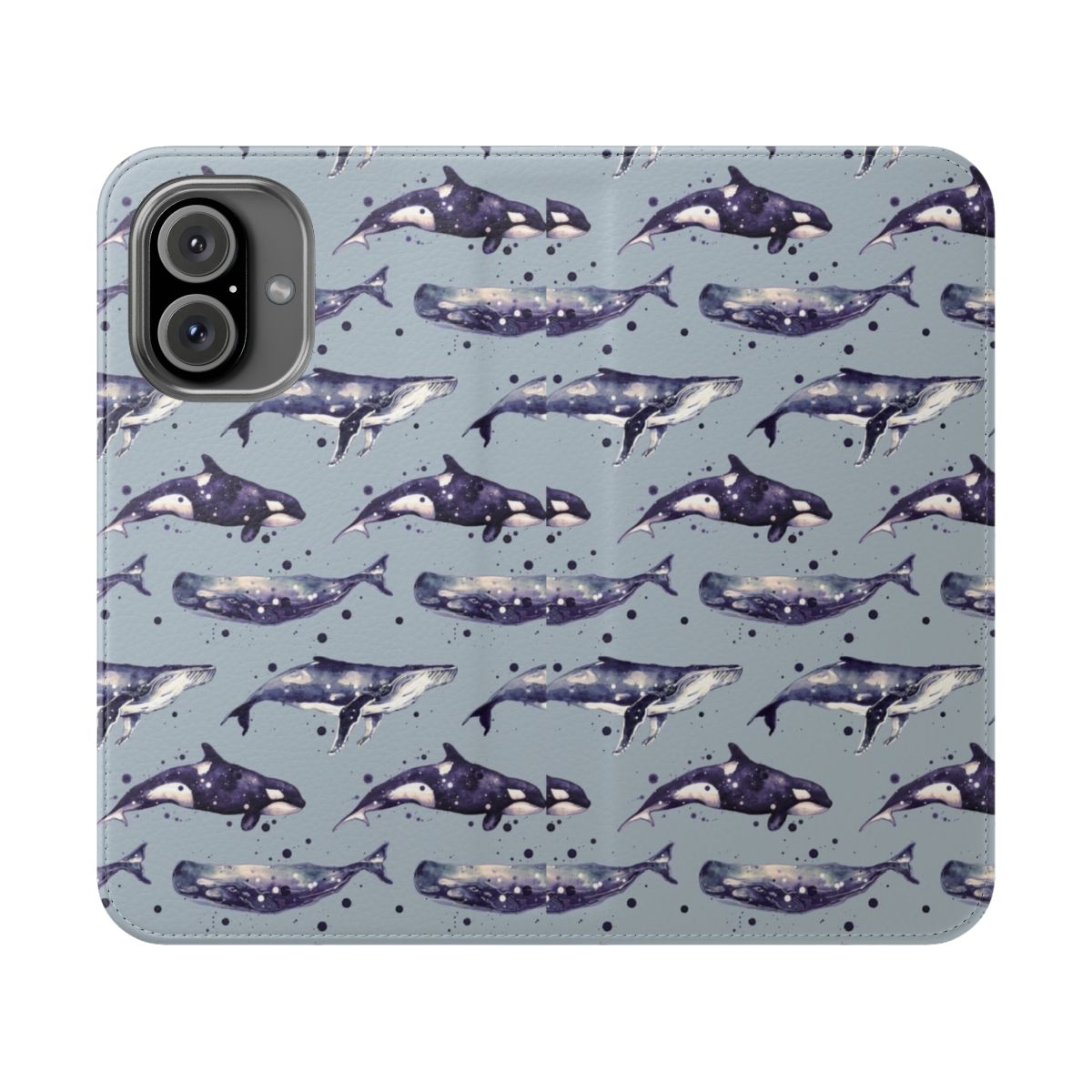 Watercolor painting of three whales - orca, sperm, and humpback - in shades of blue on a grey flip cover phone case