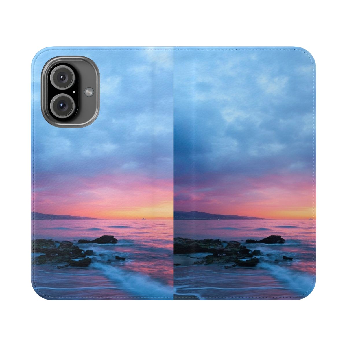 Tropical beach sunset phone case cover with pink and orange skies, ocean waves, and coastal scenery.