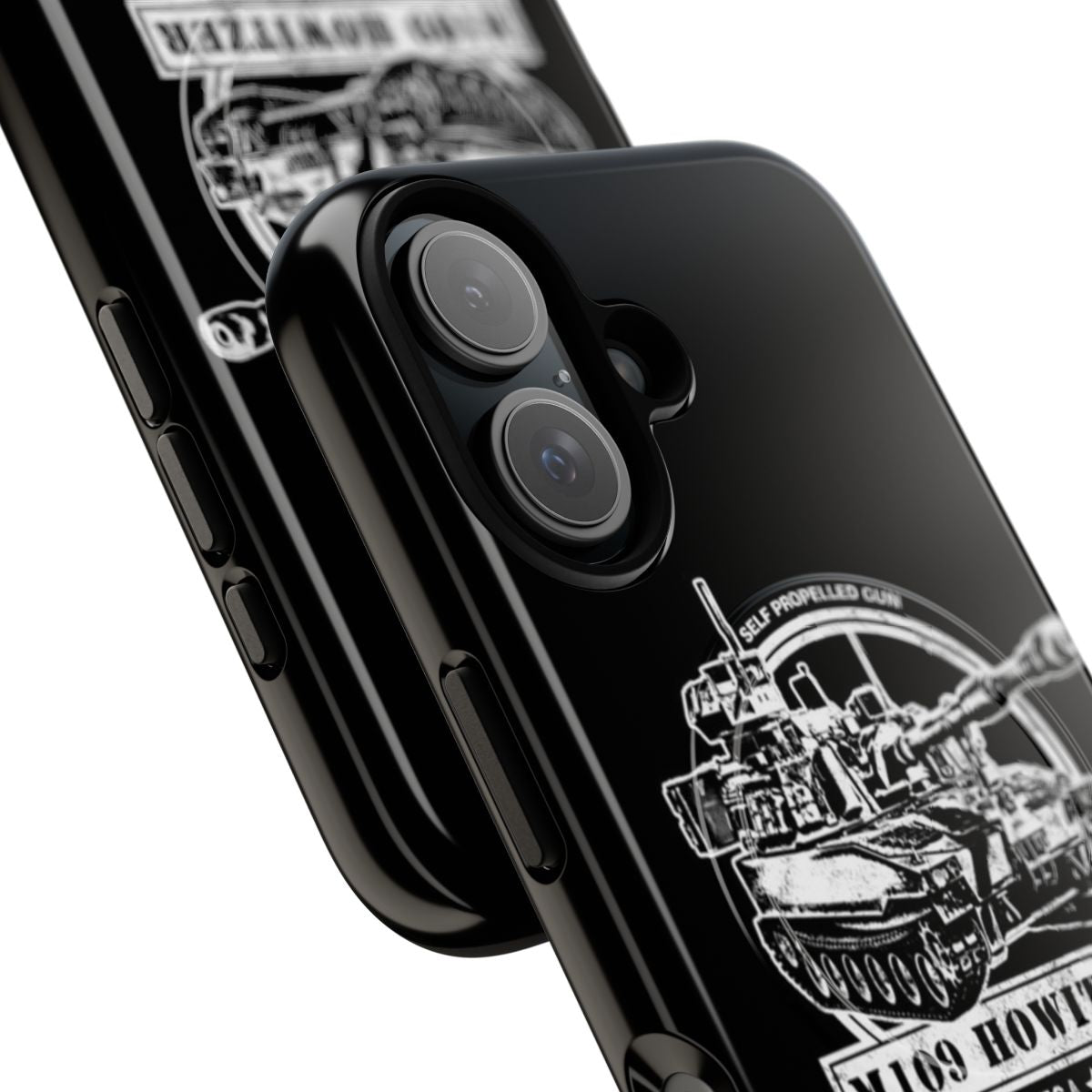 Durable mobile phone case featuring the silhouette of the M109 self-propelled howitzer, a renowned US Army artillery vehicle. - Detail