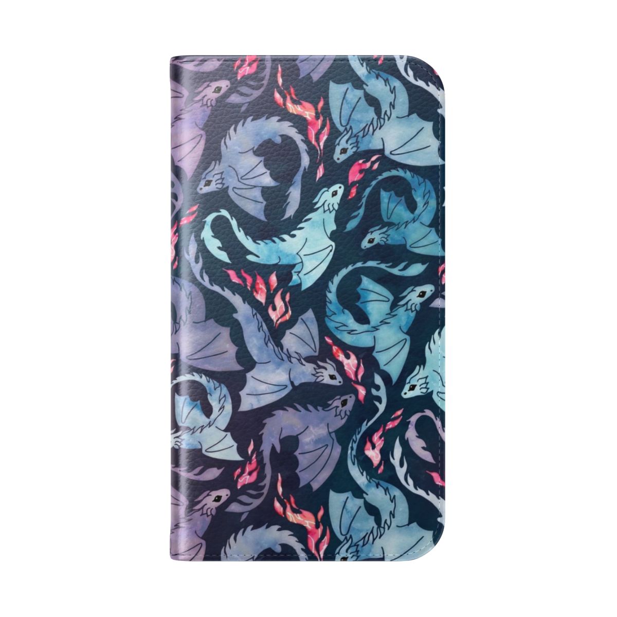 Turquoise and purple watercolor-style fantasy dragon design on a phone case - Folded Back