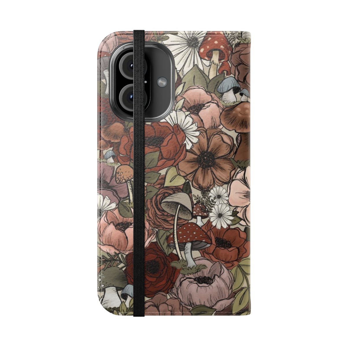 Vibrant floral and mushroom design on a phone case with a forest theme. - Folded Front