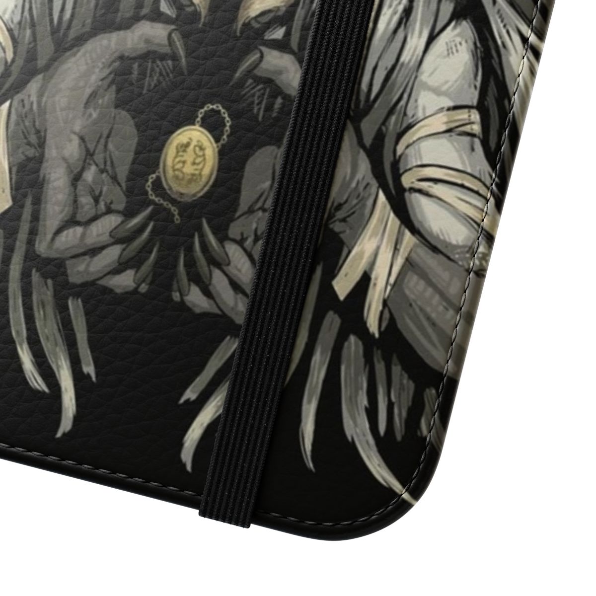 A flip cover phone case featuring a spooky, dark fantasy design inspired by the Bloodborne video game. - Close Up