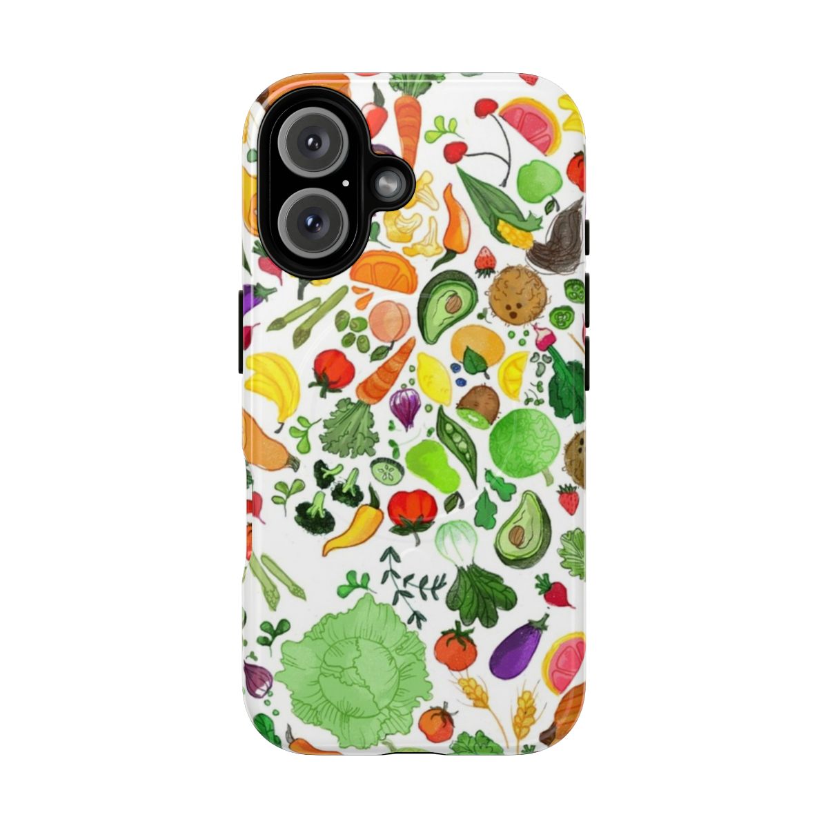 Colorful and vibrant phone case featuring a pattern of various fruits and vegetables