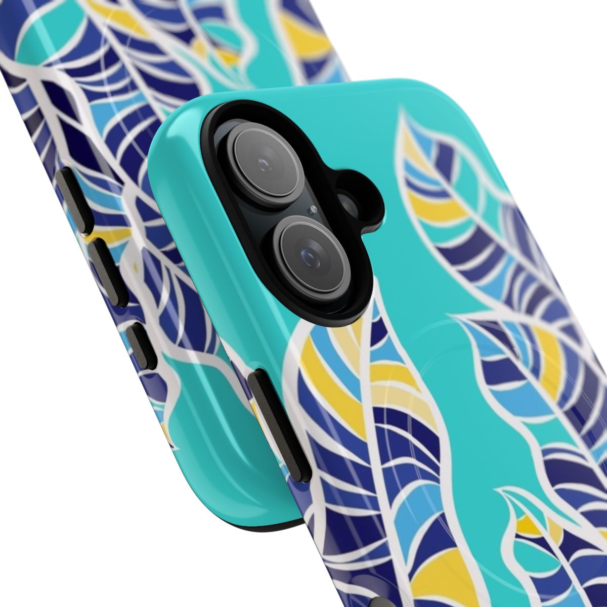 Vibrant tropical leaf pattern phone case in shades of blue, yellow, and turquoise - Detail