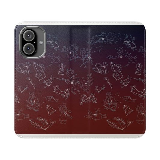 Flip cover phone case featuring a night sky with stars and constellations