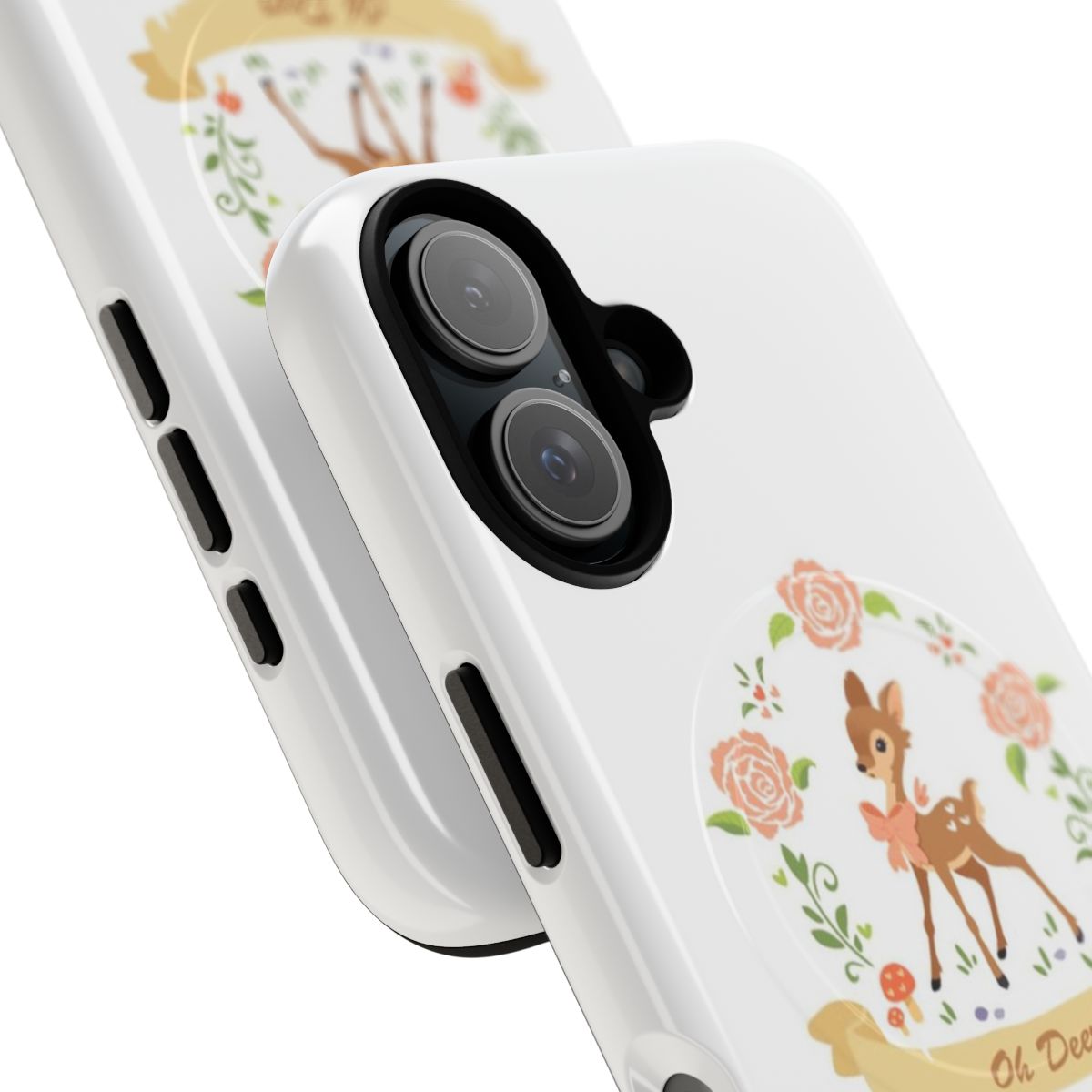 Deer-themed phone case with roses and leaves on a wooden background - Detail