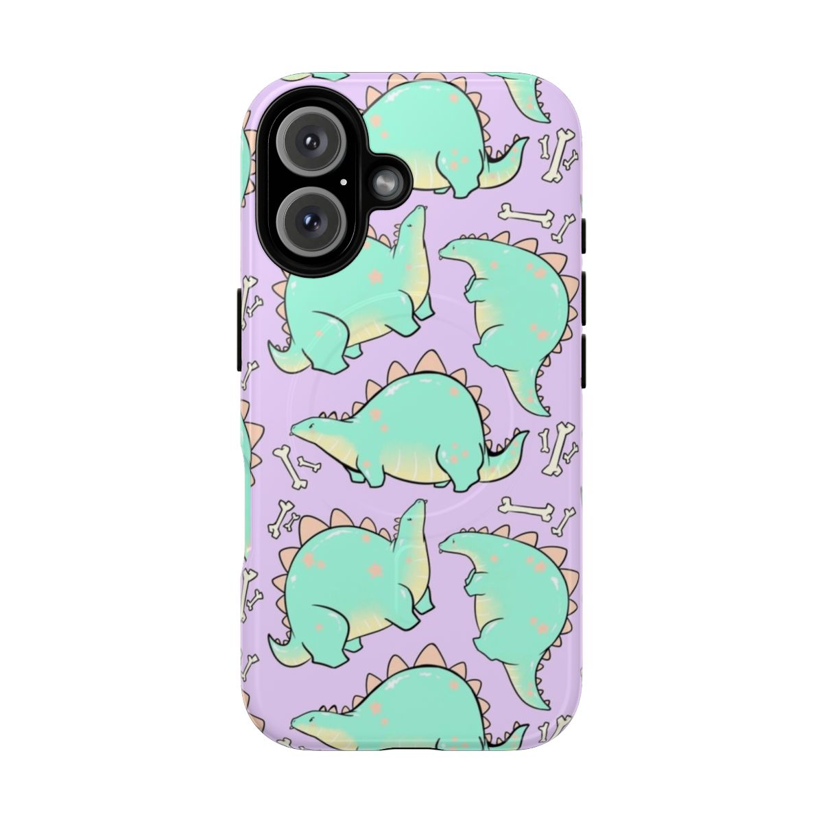 Magnetic tough phone case with a cute, kawaii stegosaurus dinosaur design.