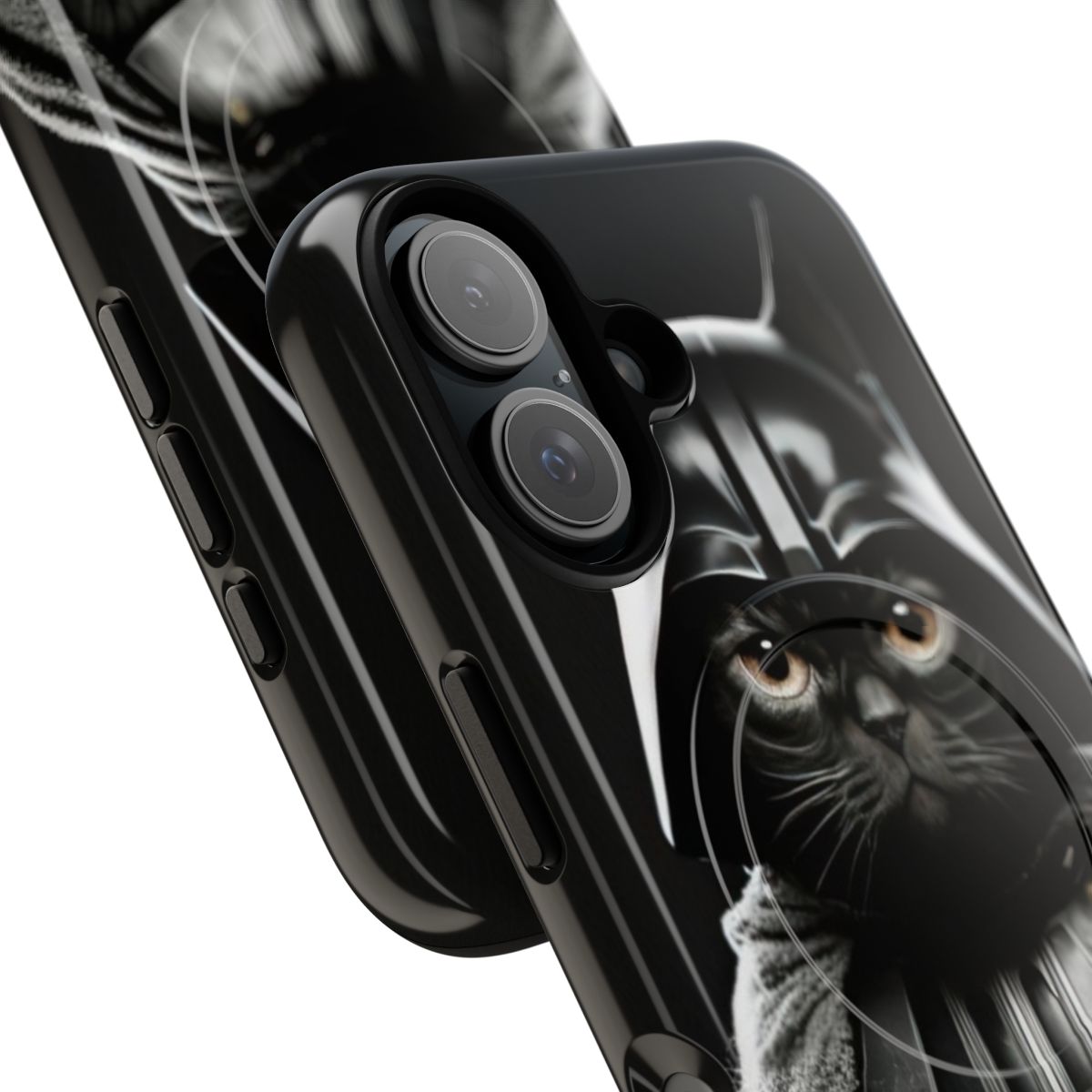 Artistic phone case featuring a black cat in a Darth Vader-inspired design, set against a starry galaxy background. - Detail